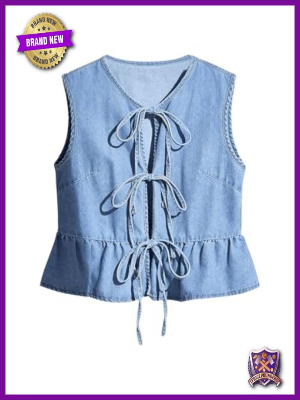 Women's Denim Peplum Top Tie Front Sleeveless Blouse